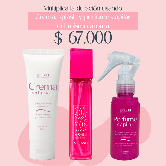 Crema, Splash y Perfume Capilar del mismo aroma