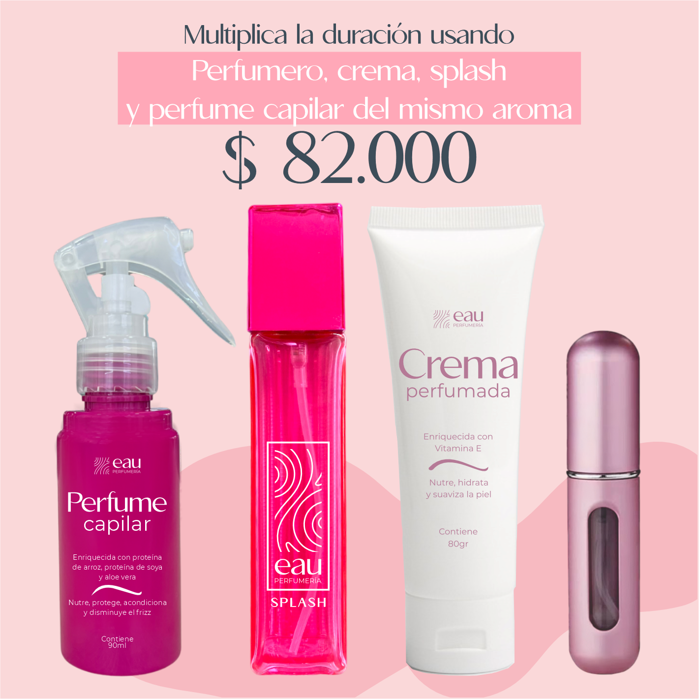 Perfumero, Crema, Splash y Perfume Capilar del mismo aroma