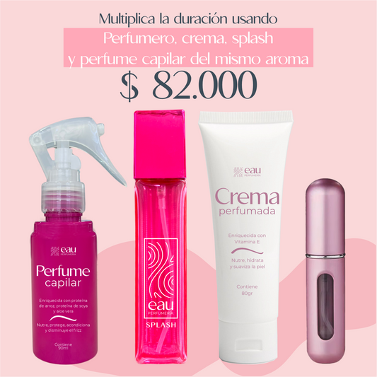 Perfumero, Crema, Splash y Perfume Capilar del mismo aroma